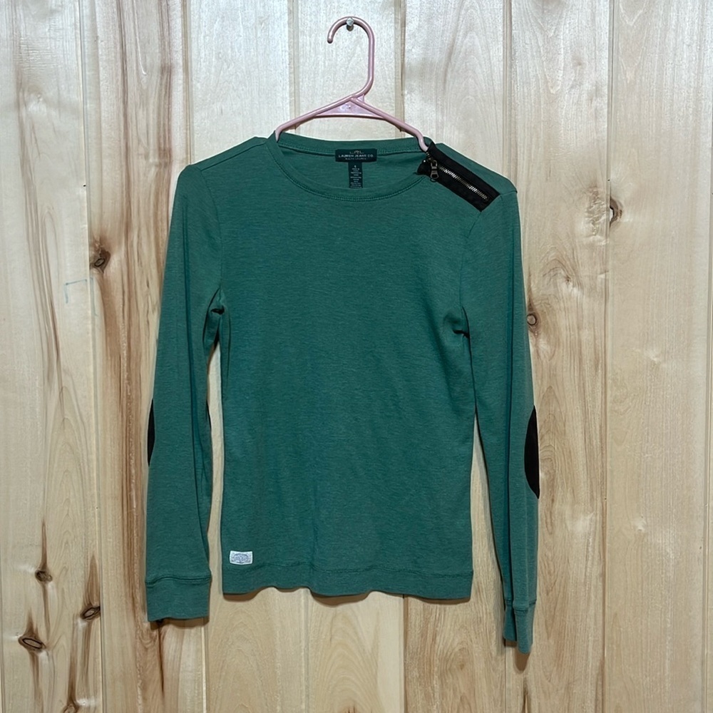 Lauren Ralph‎ Lauren Green Zip Shoulder Long Sleeve Top Size S